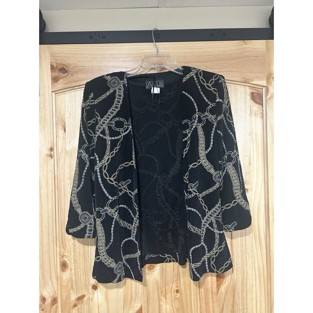 Alex Evenings Black Open Front Jacket Size S Gold Silver Nautical Print Flowy
